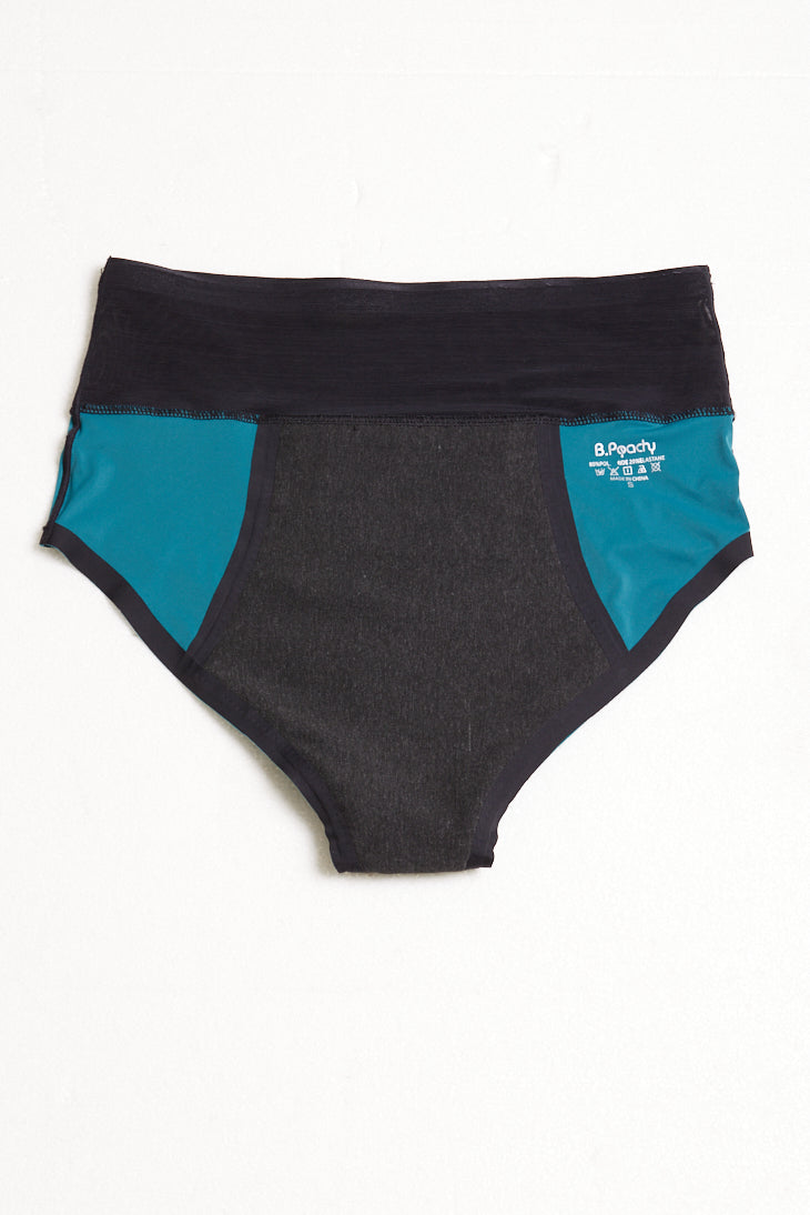 High-waist extended coverage — teal sample shown