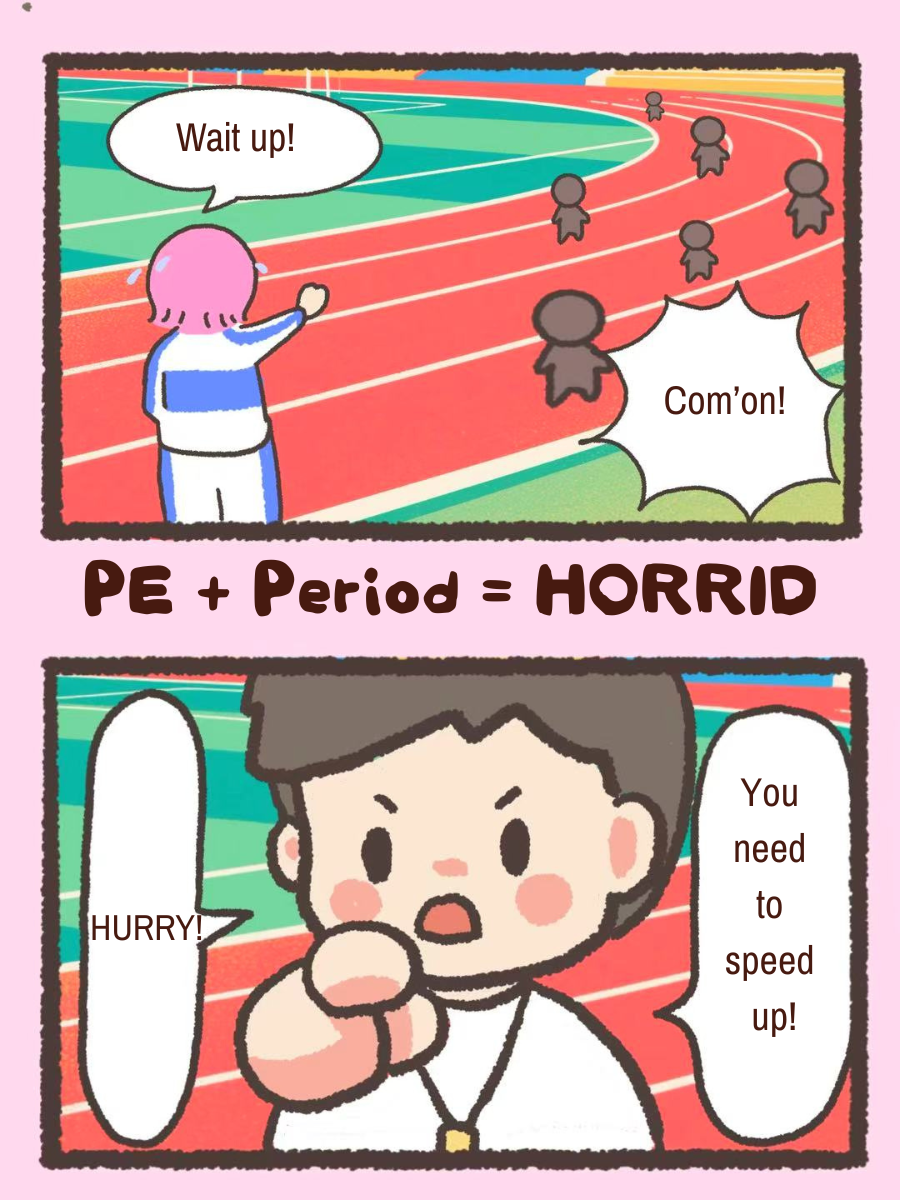 Illustrated period story showing a girl struggling to keep up in PE class