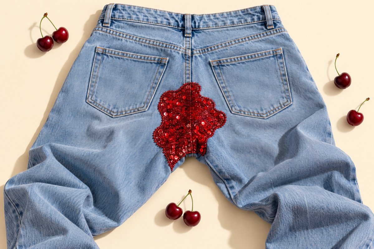 Playful red sequin stain on jeans with cherries