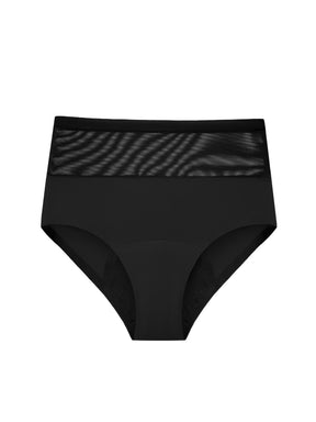 Black high-waist briefs with mesh waistband — product front
