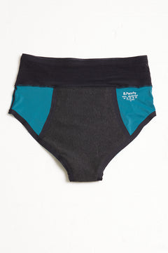 High-waist extended coverage — teal sample shown
